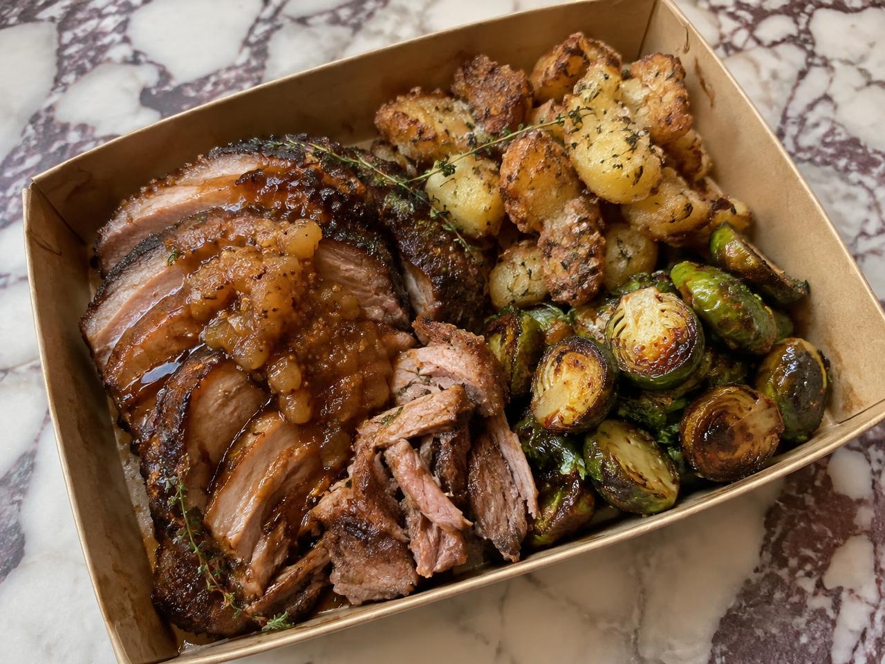 Cider-braised pork shoulder with smashed potatoes, chili-honey Brussels and apple mostarda